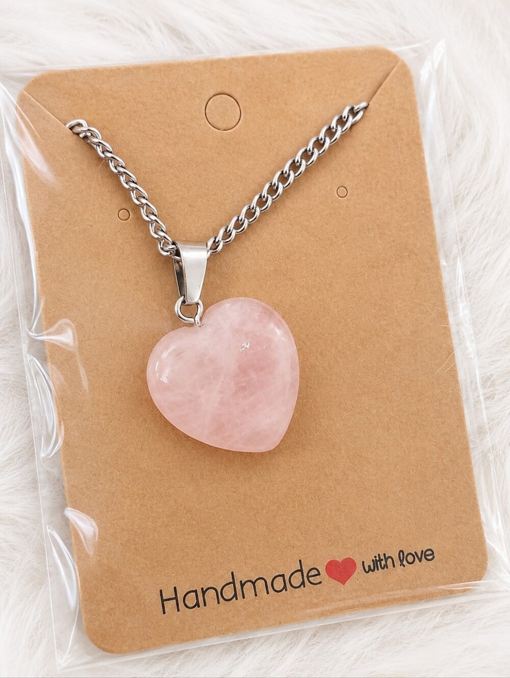 NWT Handmade Crystal Healing Pink Rose Quartz Heart Pendant Necklace Sz 17.25"